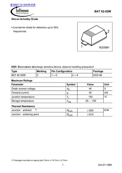 Infineon BAT 62-02W Silicon Schottky Diode Datasheet - cover page
