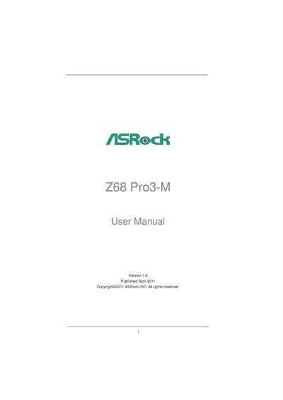ASRock Z68 Pro3-M User Manual - cover page