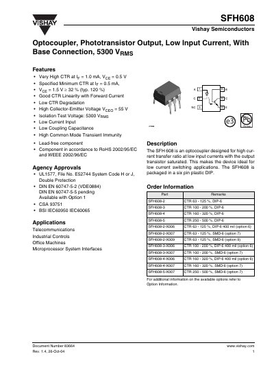 Vishay SFH608 Optocoupler Datasheet - cover page