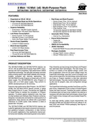 SST 8 Mbit 16 Mbit (x8) Multi-Purpose Flash SST39LF080 SST39LF016 SST39VF080 SST39VF016 Datasheet  - cover page