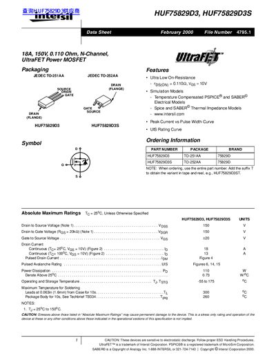 intersil HUF75829D3 HUF75829D3S handbook - cover page