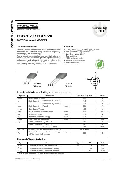 Fairchild Semiconductor FQB7P20/FQI7P20 200V P-Channel MOSFET Datasheet - cover page