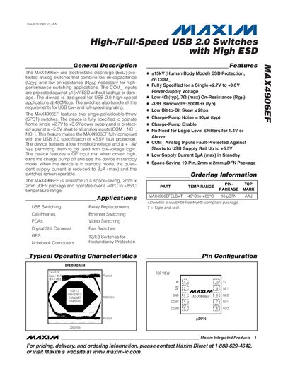 Maxim Integrated MAX4906EF USB 2.0 Switch Datasheet - cover page