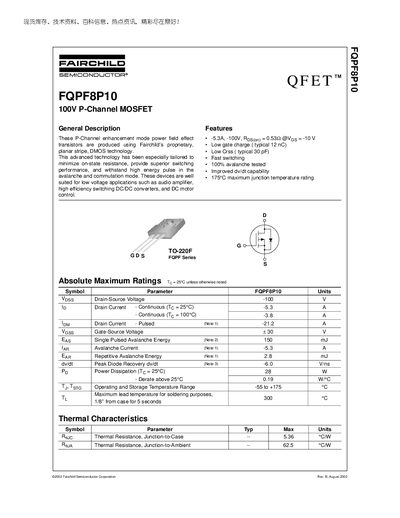 Fairchild FQPF8P10 P-Channel MOSFET Datasheet - cover page
