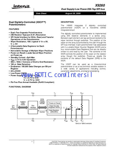 Intersil X9260 Dual Digitally-Controlled Potentiometer Datasheet - cover page