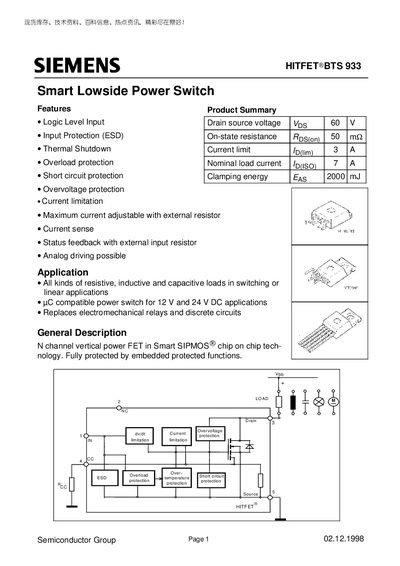 Siemens BTS 933 Smart Lowside Power Switch Datasheet - cover page