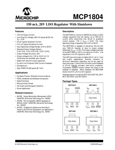 Microchip MCP1804 LDO Regulator Datasheet - cover page