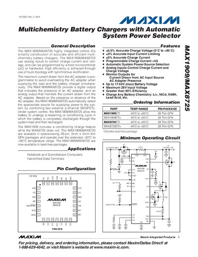 Maxim MAX1909/MAX8725 Multichemistry Battery Charger Datasheet - cover page