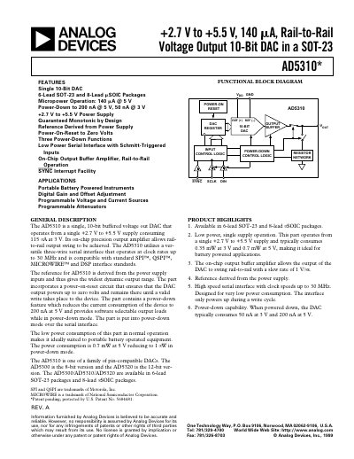 Analog Devices AD5310 10‑Bit DAC Datasheet - cover page