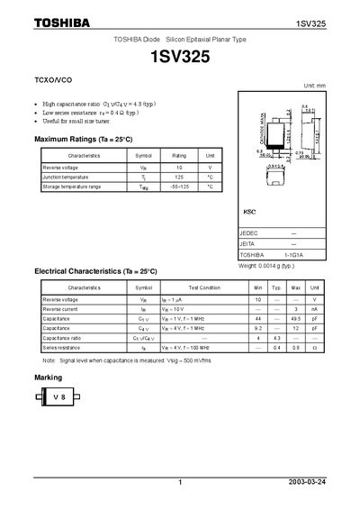 Toshiba 1SV325 Diode Silicon Epitaxial Planar Type Datasheet - cover page