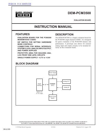 Burr-Brown DEM-PCM3500 Evaluation Board Instruction Manual - cover page