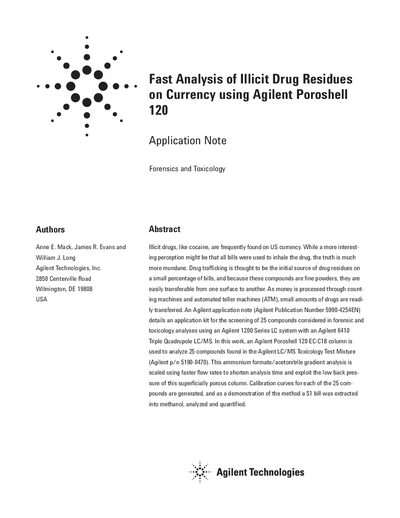 Agilent Poroshell 120 Fast Analysis of Illicit Drug Residues Application Note - cover page