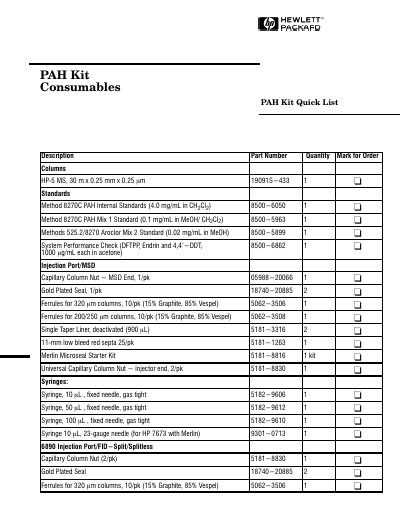 Hewlett Packard PAH Kit Consumables Quick List - cover page
