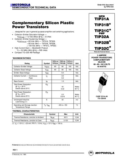 MOTOROLA Semiconductor NPN TIP31A/TIP31B*/TIP31C* PNP TIP32A/TIP32B*/TIP32C* TECHNICAL DATA - cover page