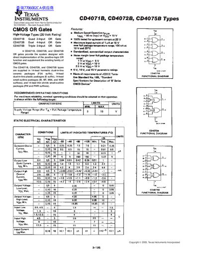 Texas Instruments CD4071B/CD4072B/CD4075B CMOS OR Gates Datasheet
