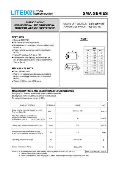 Lite-On SMA Series Transient Voltage Suppressors Datasheet - cover page