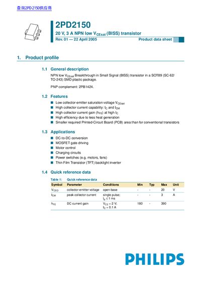 Philips 2PD2150 NPN Transistor Product Data Sheet - cover page