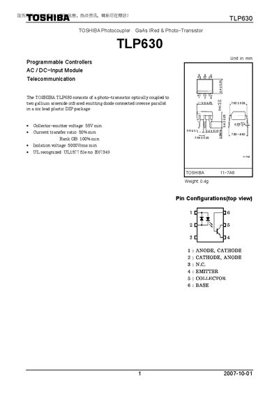 Toshiba TLP630 Photocoupler Datasheet - cover page