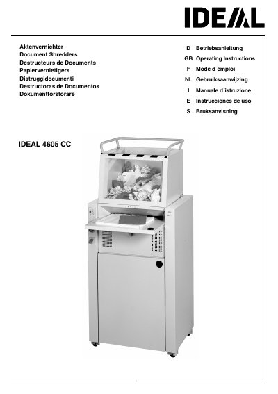 IDEAL 4605 CC Document Shredder Operating Instructions - cover page
