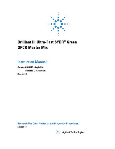 Agilent Brilliant III Ultra-Fast SYBR Green QPCR Master Mix Instruction Manual - cover page