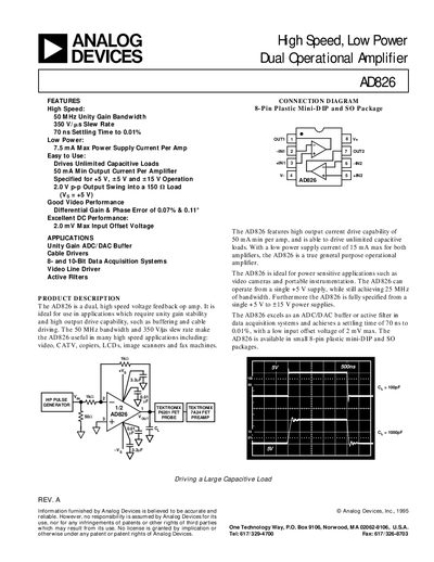 Analog Devices AD826 Dual Operational Amplifier Datasheet