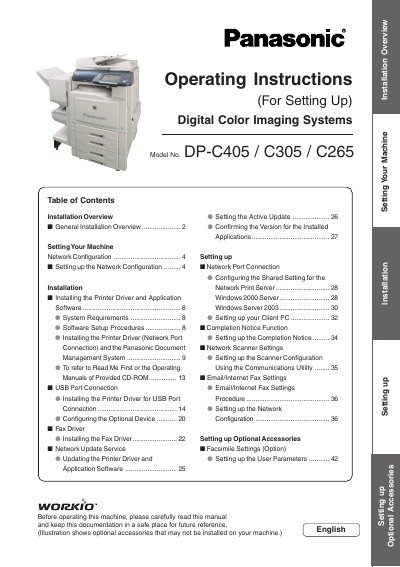 Panasonic DP-C405/C305/C265 Digital Color Imaging Systems Installation Overview and Operating Instructions - cover page