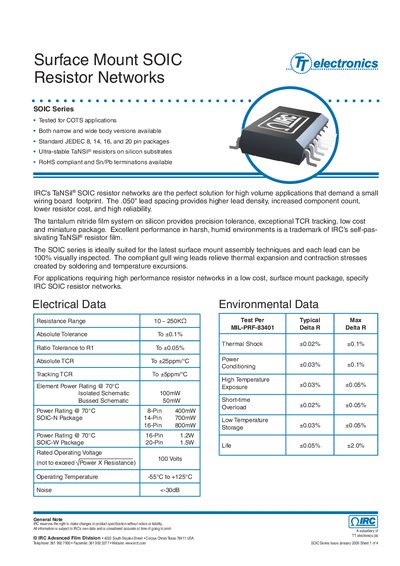 TT Electronics SOIC Series Surface Mount Resistor Networks Datasheet - cover page