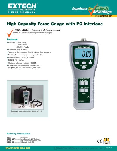 Extech Instruments 475055 High Capacity Force Gauge Datasheet - cover page