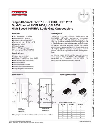 Fairchild 6N137 HCPL2601 HCPL2611 HCPL2630 HCPL2631 Datasheet - cover page