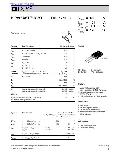 IXYS IXGH12N60B IGBT Preliminary Data Sheet - cover page