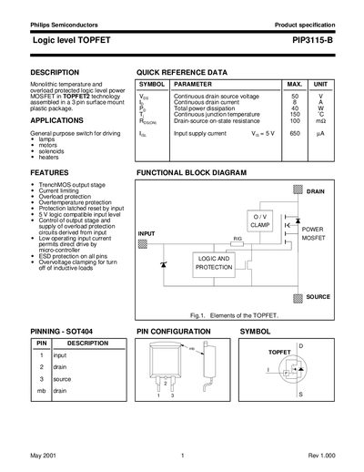 Philips PIP3115-B Logic Level TOPFET Datasheet - cover page