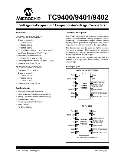 Microchip TC9400/9401/9402 Voltage-to-Frequency / Frequency-to-Voltage Converter Datasheet - cover page