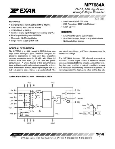EXAR MP7684A CMOS 8-Bit High-Speed Analog-to-Digital Converter Datasheet - cover page