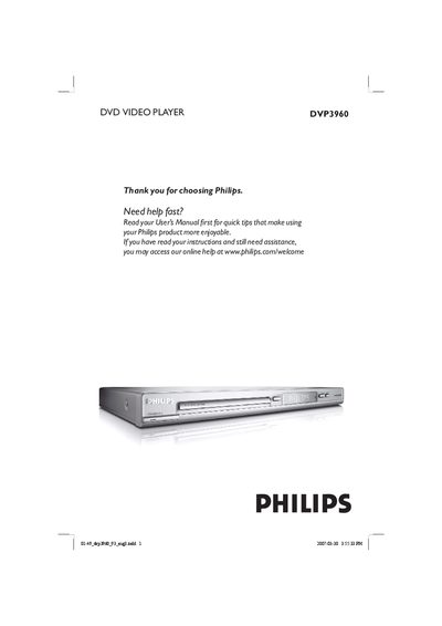 Philips DVP3960 DVD Video Player User Manual - cover page
