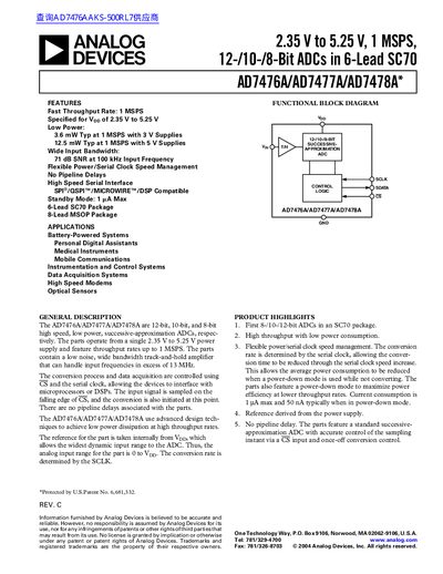 ANALOG DEVICES 2.35 V to 5.25 V 1 MSPS 12-/10-/8-Bit ADCs in 6-Lead SC70 AD7476A/AD7477A/AD7478A* handbook