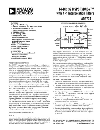 Analog Devices AD9774 14-bit 32 MSPS TxDAC+ Product Data Sheet - cover page