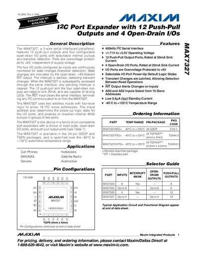 Maxim MAX7327 I2C Port Expander Datasheet - cover page