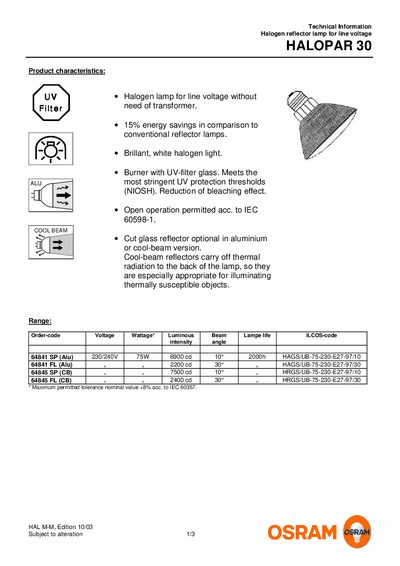 OSRAM HALOPAR 30 Technical Information Sheet - cover page