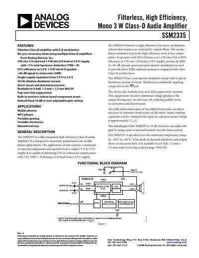 Analog Devices SSM2335 Class‑D Audio Amplifier Datasheet