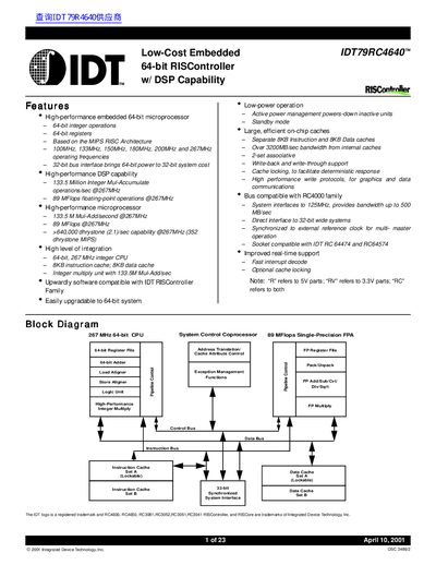 IDT IDT79RC4640 Processor Handbook - cover page