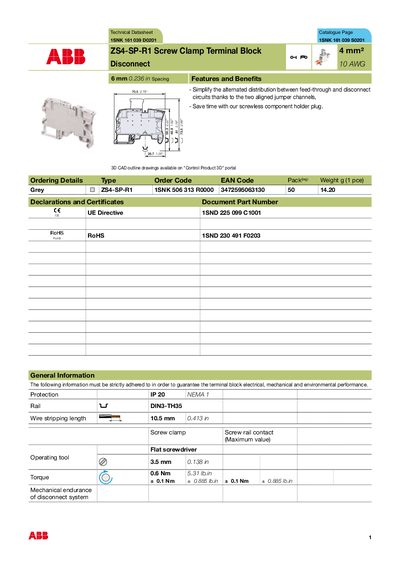 ABB ZS4-SP-R1 Screw Clamp Terminal Block Technical Datasheet - cover page