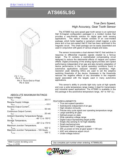 Allegro ATS665LSG True Zero-Speed Gear Tooth Sensor Datasheet - cover page