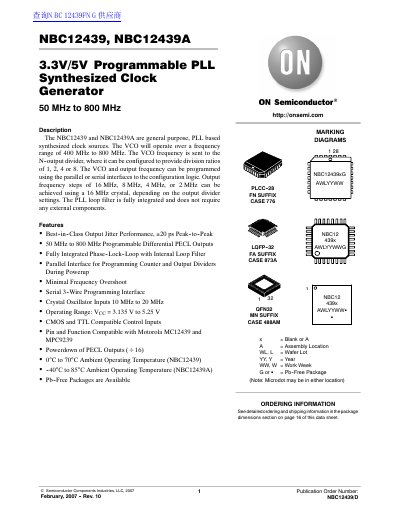 ON Semiconductor NBC12439/NBC12439A 3.3V/5V Programmable PLL Synthesized Clock Generator Datasheet - cover page