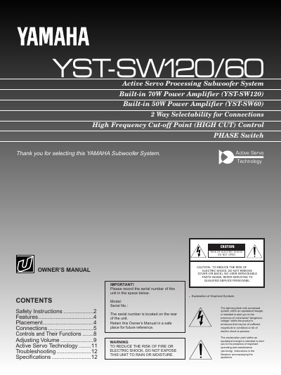 Yamaha YST-SW120/60 Active Servo Processing Subwoofer System Owner's Manual - cover page