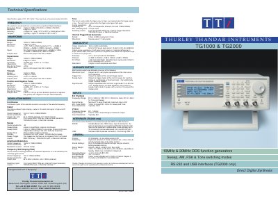 TTI TG1000/TG2000 Function Generator Technical Specifications - cover page