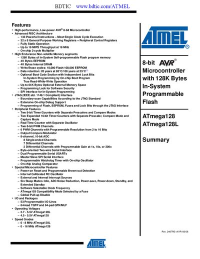 Atmel ATmega128/ATmega128L Summary Manual - cover page