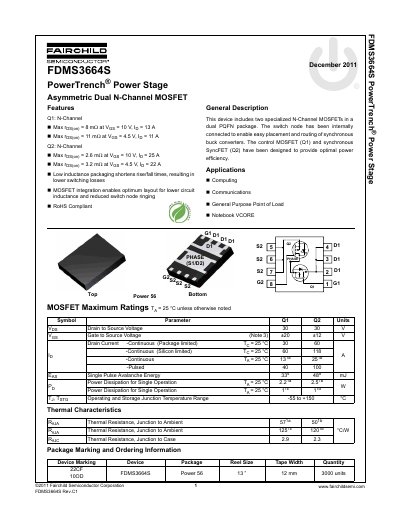 Fairchild FDMS3664S PowerTrench Asymmetric Dual N-Channel MOSFET Datasheet - cover page