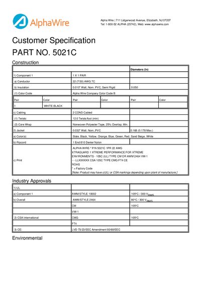Alpha Wire 5021C Customer Specification - cover page