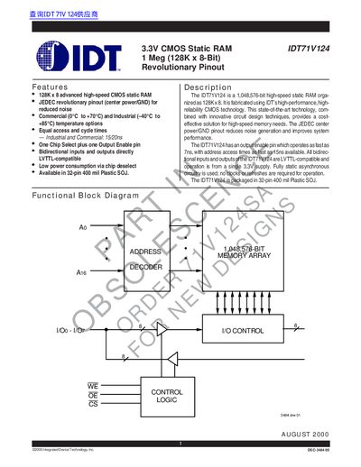 IDT IDT71V124 3.3V CMOS Static RAM 1 Meg (128K x 8-Bit) Revolutionary Pinout - cover page