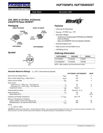 Fairchild HUF75939P3/HUF75939S3ST UltraFET Power MOSFET Datasheet - cover page